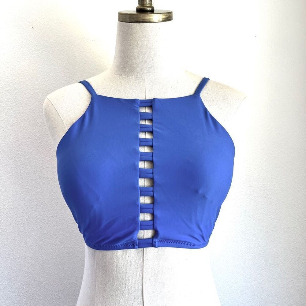 Raisins High Neck Bikini Top with Lattice Cutout Blue Periwinkle Color Size Medi